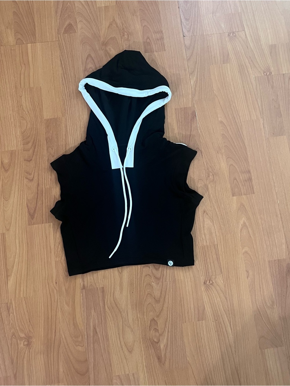 Women's Black Sleeveless Crop Hoodie with White Trim